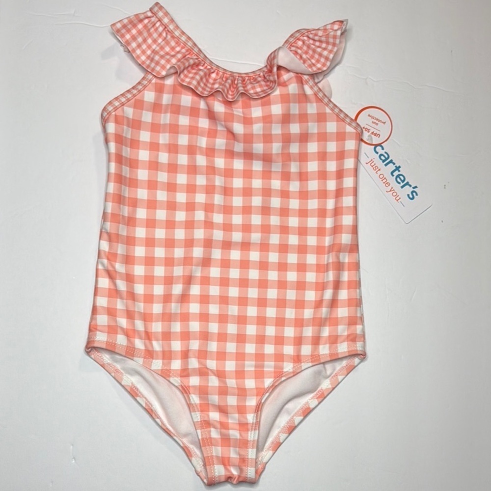 Carter's Gingham Orange and White One Piece Swimsuit with Ruffle Size 3T NWT